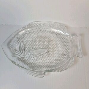Vintage Fish Shaped Glass Platter 11x8 Clear Pressed Serving Dish Oven Proof USA